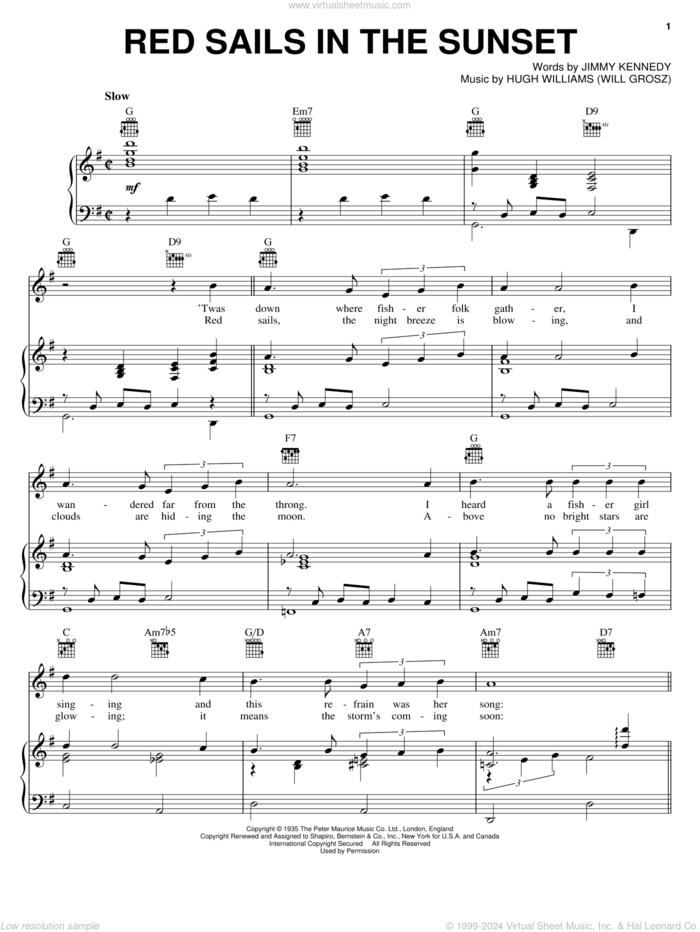 Red Sails In The Sunset sheet music for voice, piano or guitar by Hugh Williams and Jimmy Kennedy, intermediate skill level