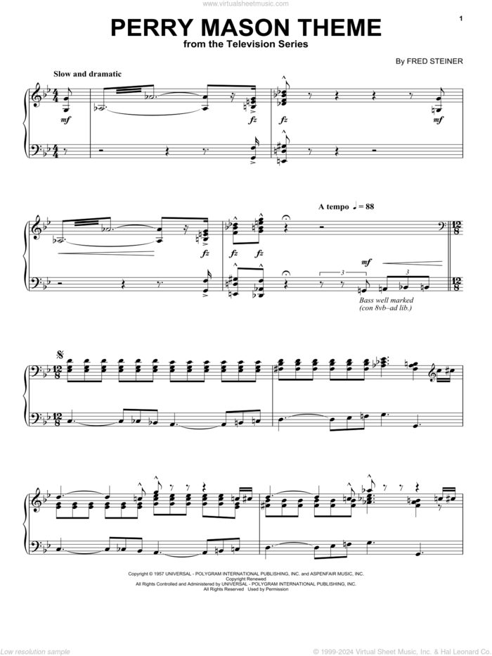 Perry Mason Theme sheet music for voice, piano or guitar by Fred Steiner, intermediate skill level