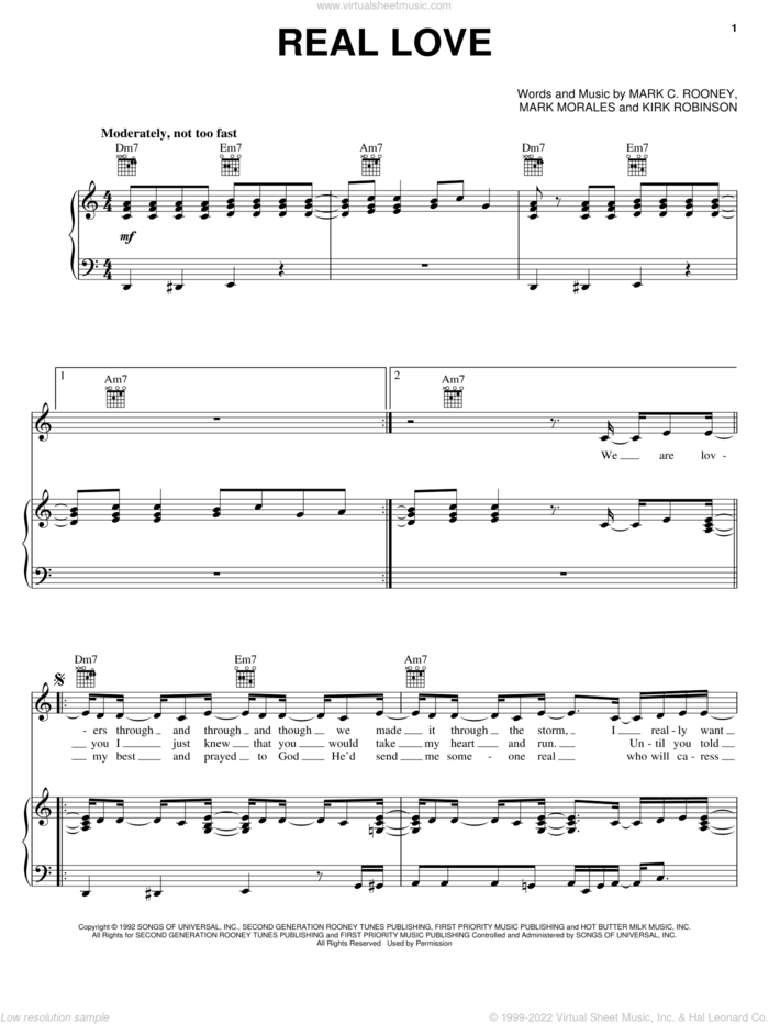 Real Love sheet music for voice, piano or guitar by Mary J. Blige, Mark C. Rooney and Mark Morales, intermediate skill level
