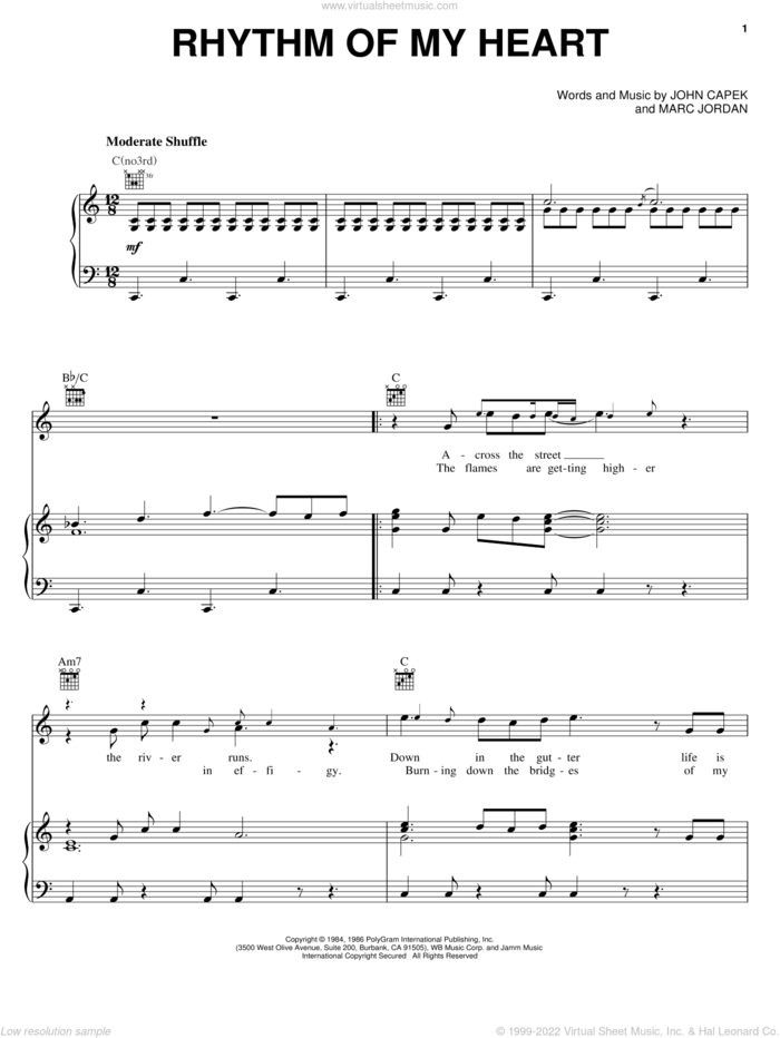 Rhythm Of My Heart sheet music for voice, piano or guitar by Rod Stewart, John Capek and Marc Jordan, wedding score, intermediate skill level