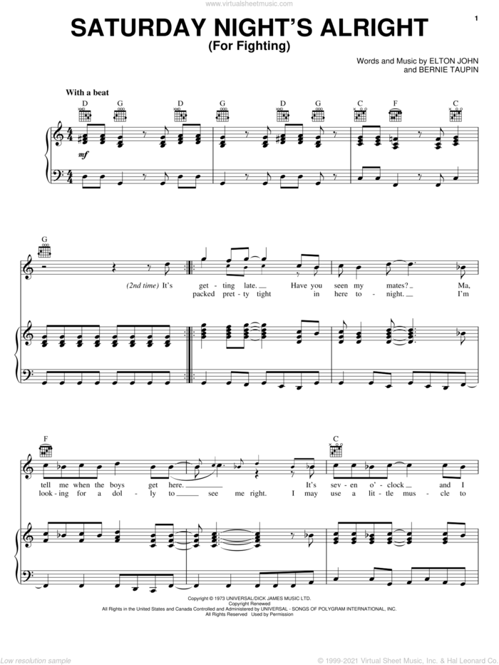 Saturday Night's Alright (For Fighting) sheet music for voice, piano or guitar by Elton John and Bernie Taupin, intermediate skill level