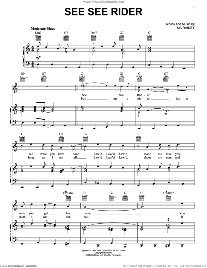 See See Rider sheet music for voice, piano or guitar by The Animals, Big Bill Broonzy, Ray Charles and Ma Rainey, intermediate skill level