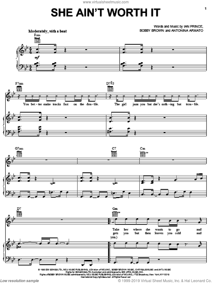 She Ain't Worth It sheet music for voice, piano or guitar by Glenn Medeiros, Antonina Armato, Bobby Brown and Ian Prince, intermediate skill level