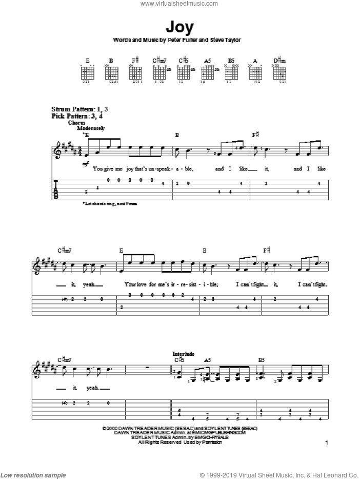 Joy sheet music for guitar solo (chords) by Peter Furler and Steve Taylor, easy guitar (chords)