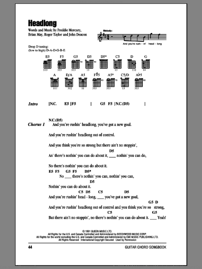 Headlong sheet music for guitar (chords) by Queen, Brian May, Freddie Mercury, John Deacon and Roger Taylor, intermediate skill level