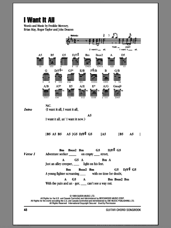 I Want It All sheet music for guitar (chords) by Queen, Brian May, Freddie Mercury, John Deacon and Roger Taylor, intermediate skill level
