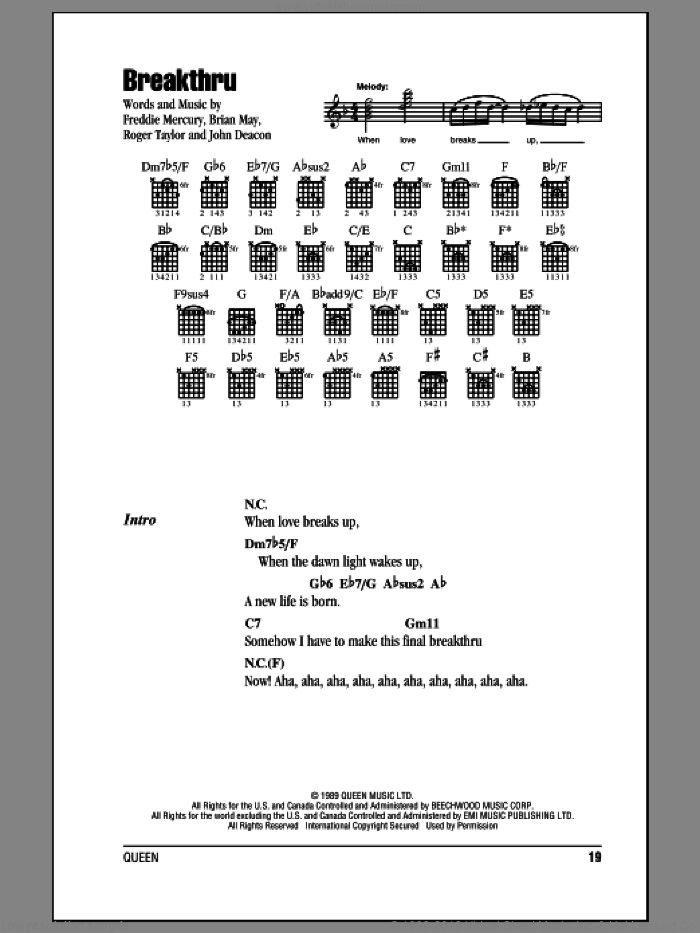 Breakthru sheet music for guitar (chords) by Queen, Brian May, Freddie Mercury, John Deacon and Roger Taylor, intermediate skill level