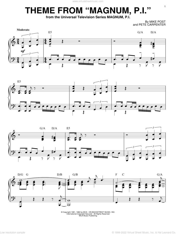 Theme from Magnum, P.I. sheet music for piano solo by Mike Post and Pete Carpenter, intermediate skill level