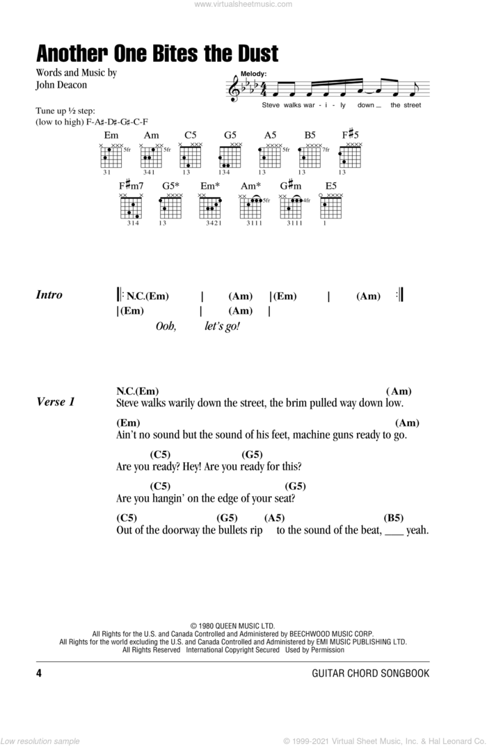 Another One Bites The Dust sheet music for guitar (chords) by Queen and John Deacon, intermediate skill level