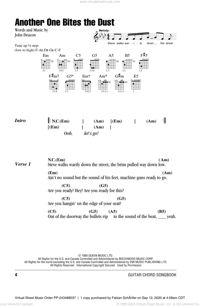 Another One Bites The Dust sheet music for guitar (chords) by Queen and John Deacon, intermediate skill level