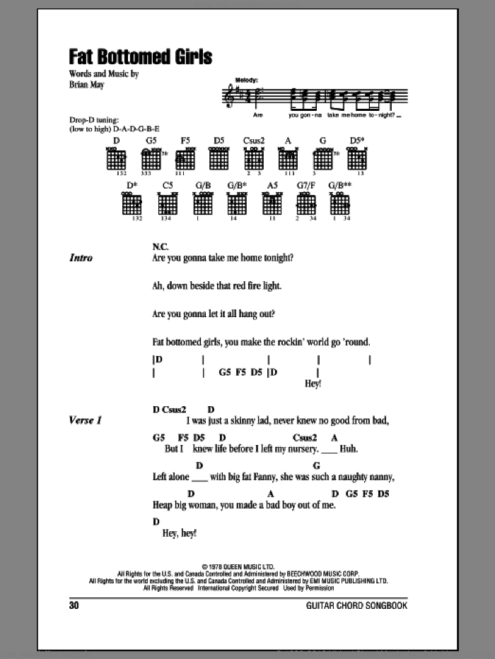 Fat Bottomed Girls sheet music for guitar (chords) by Queen and Brian May, intermediate skill level