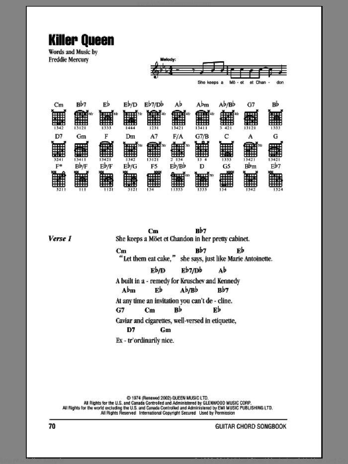 Killer Queen sheet music for guitar (chords) by Queen and Freddie Mercury, intermediate skill level