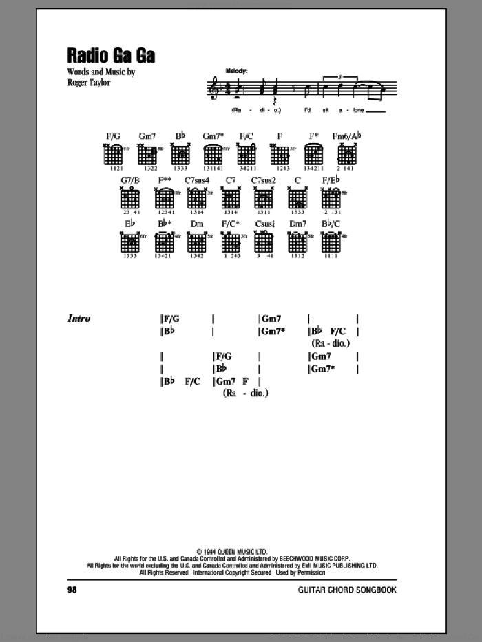 Radio Ga Ga sheet music for guitar (chords) by Queen and Roger Taylor, intermediate skill level
