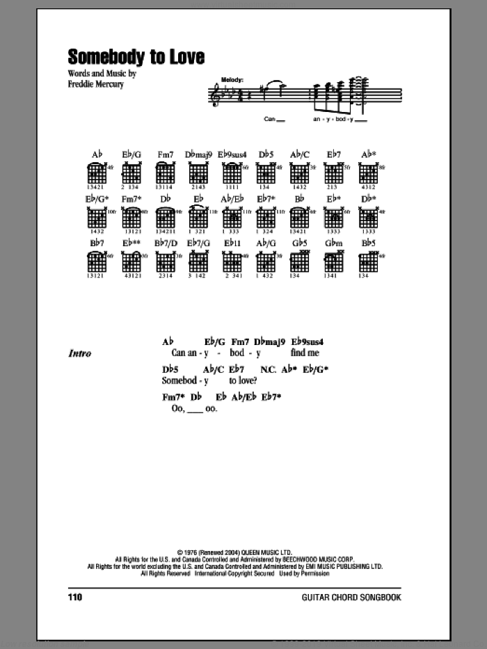 Somebody To Love sheet music for guitar (chords) by Queen and Freddie Mercury, intermediate skill level