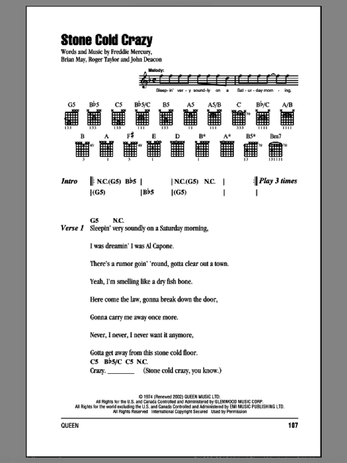 Stone Cold Crazy sheet music for guitar (chords) by Queen, Brian May, Freddie Mercury, John Deacon and Roger Taylor, intermediate skill level