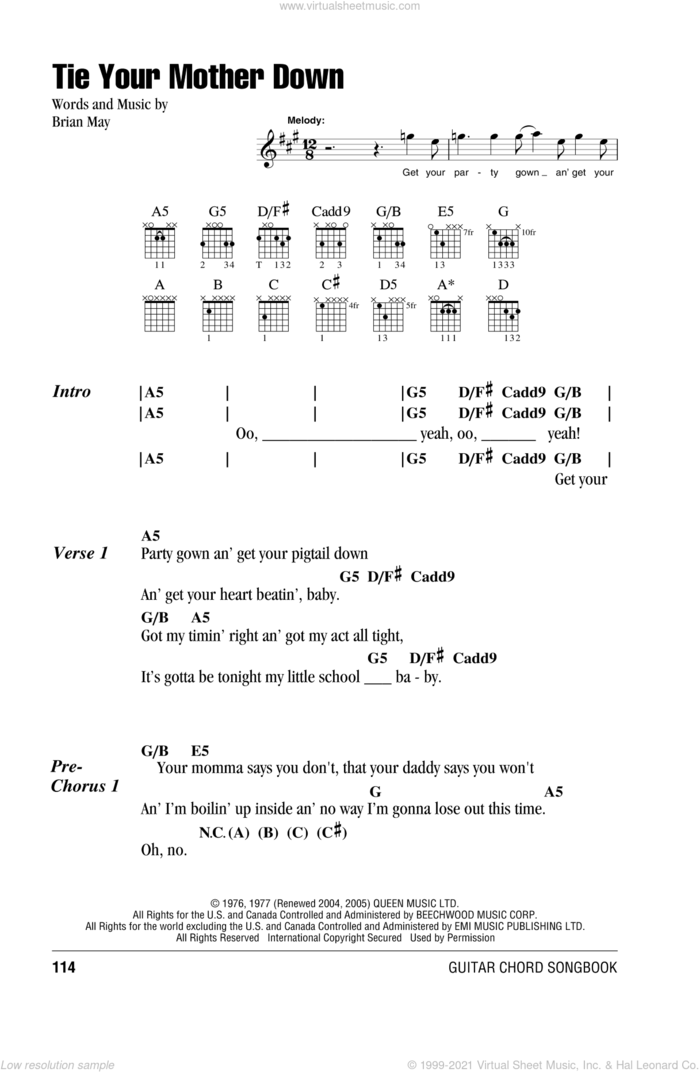 Tie Your Mother Down sheet music for guitar (chords) by Queen and Brian May, intermediate skill level