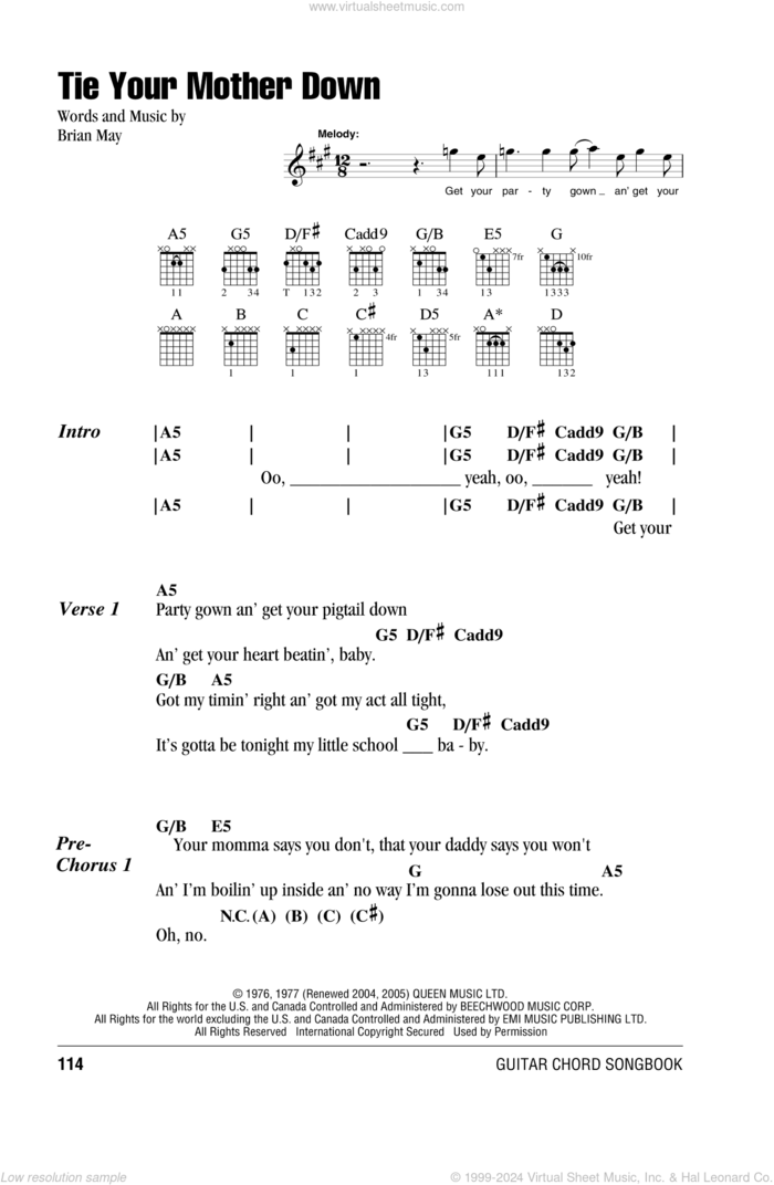 Tie Your Mother Down sheet music for guitar (chords) by Queen and Brian May, intermediate skill level