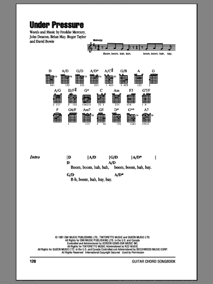 Under Pressure sheet music for guitar (chords) by Queen, Brian May, Freddie Mercury, John Deacon and Roger Taylor, intermediate skill level