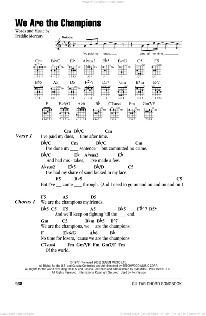 We Are The Champions sheet music for guitar (chords) by Queen and Freddie Mercury, intermediate skill level