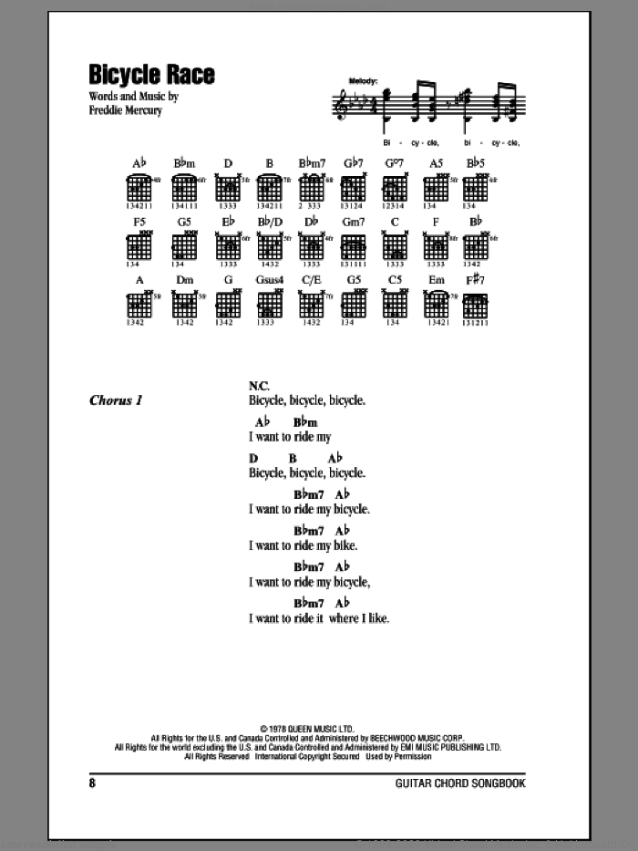 Bicycle Race sheet music for guitar (chords) by Queen and Freddie Mercury, intermediate skill level