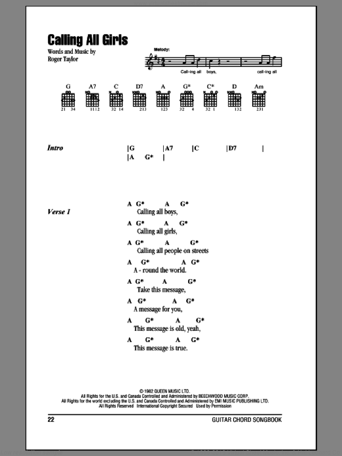 Calling All Girls sheet music for guitar (chords) by Queen and Roger Taylor, intermediate skill level