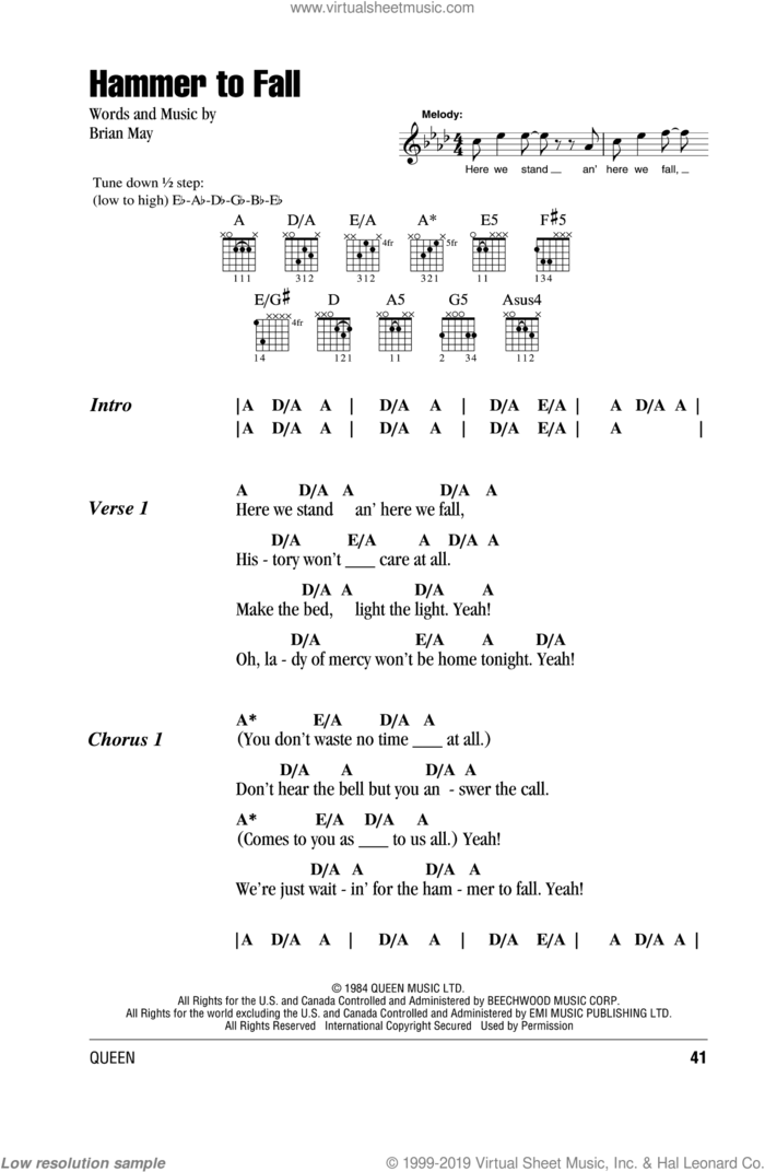 Hammer To Fall sheet music for guitar (chords) by Queen and Brian May, intermediate skill level