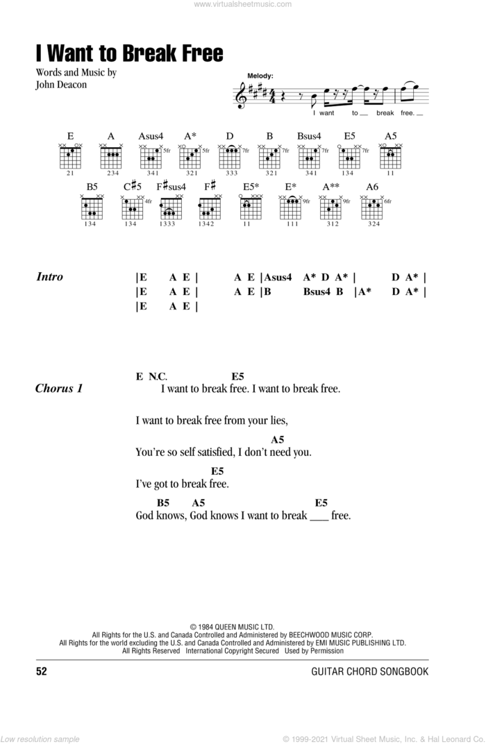 I Want To Break Free sheet music for guitar (chords) by Queen and John Deacon, intermediate skill level