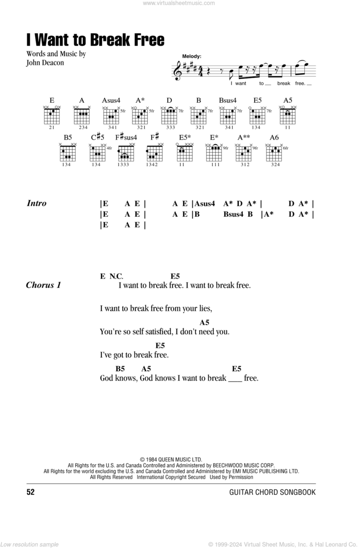 I Want To Break Free sheet music for guitar (chords) by Queen and John Deacon, intermediate skill level