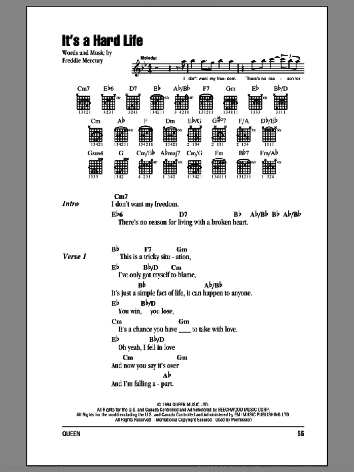 It's A Hard Life sheet music for guitar (chords) by Queen and Freddie Mercury, intermediate skill level