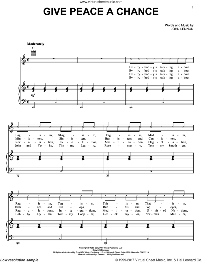 Give Peace A Chance sheet music for voice, piano or guitar by John Lennon and Plastic Ono Band, intermediate skill level