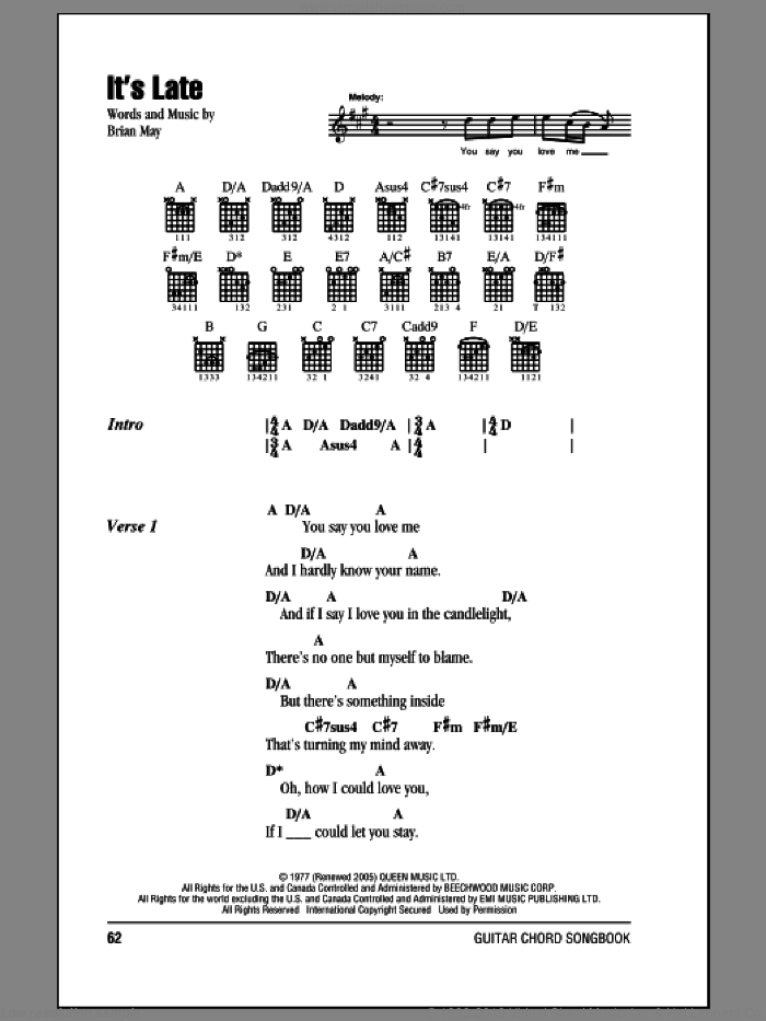 It's Late sheet music for guitar (chords) by Queen and Brian May, intermediate skill level