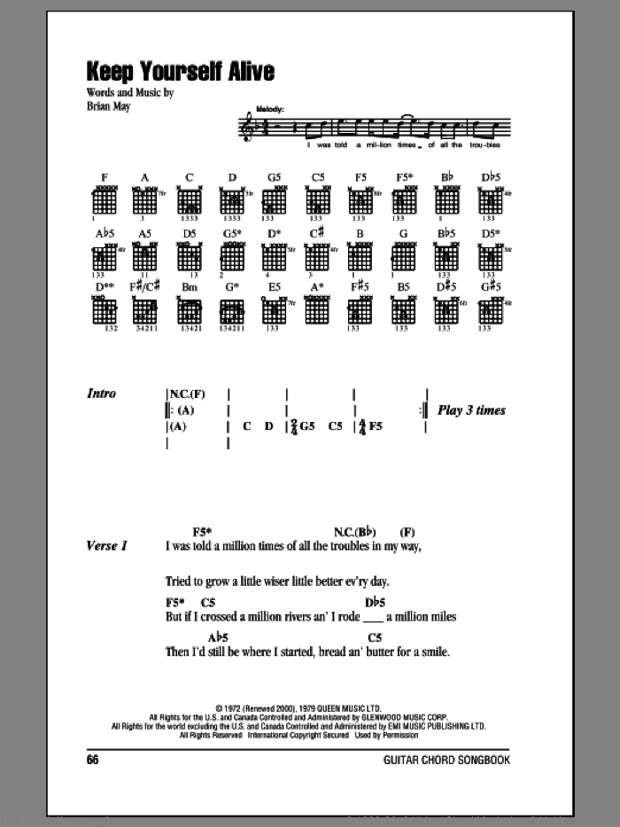 Keep Yourself Alive sheet music for guitar (chords) by Queen and Brian May, intermediate skill level