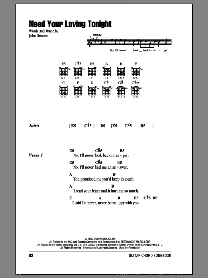 Need Your Loving Tonight sheet music for guitar (chords) by Queen and John Deacon, intermediate skill level