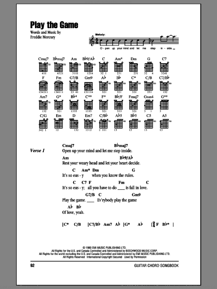 Play The Game sheet music for guitar (chords) by Queen and Freddie Mercury, intermediate skill level