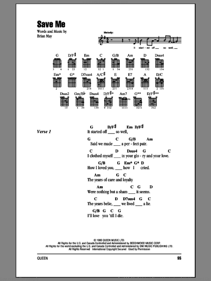 Save Me sheet music for guitar (chords) by Queen and Brian May, intermediate skill level