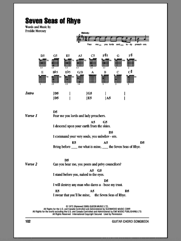 Seven Seas Of Rhye sheet music for guitar (chords) by Queen and Freddie Mercury, intermediate skill level