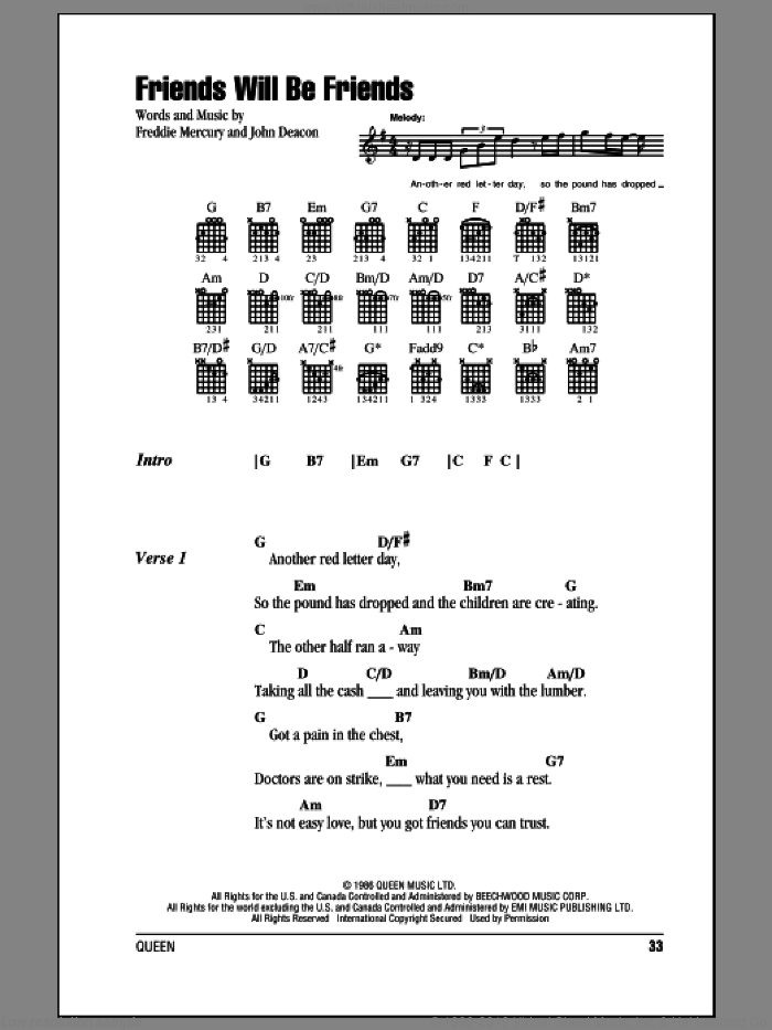Friends Will Be Friends sheet music for guitar (chords) by Queen, Freddie Mercury and John Deacon, intermediate skill level