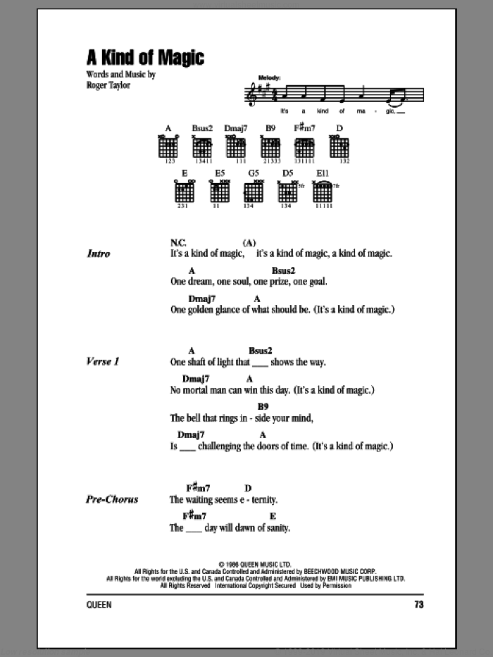 A Kind Of Magic sheet music for guitar (chords) by Queen and Roger Taylor, intermediate skill level