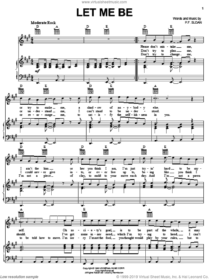 Let Me Be sheet music for voice, piano or guitar by The Turtles and P.F. Sloan, intermediate skill level