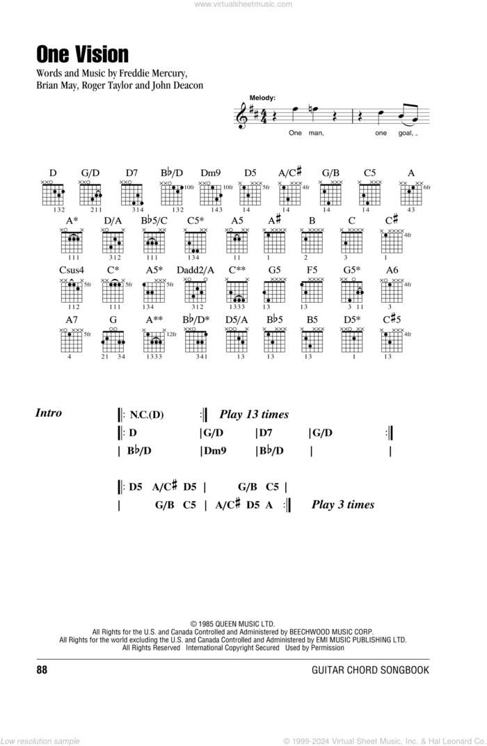 One Vision sheet music for guitar (chords) by Queen, Brian May, Freddie Mercury, John Deacon and Roger Taylor, intermediate skill level