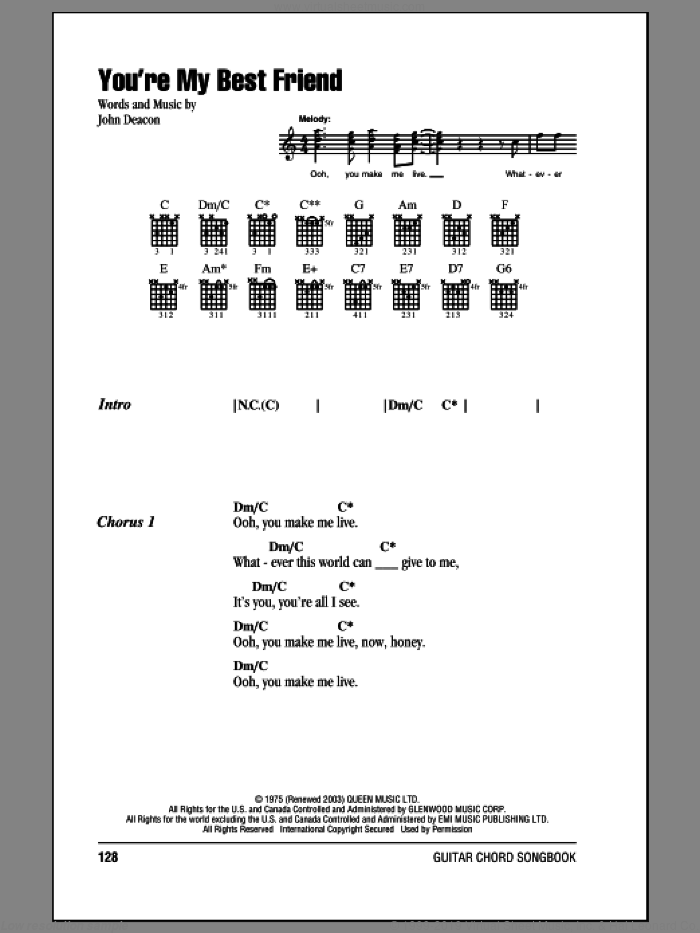 You're My Best Friend sheet music for guitar (chords) by Queen and John Deacon, intermediate skill level