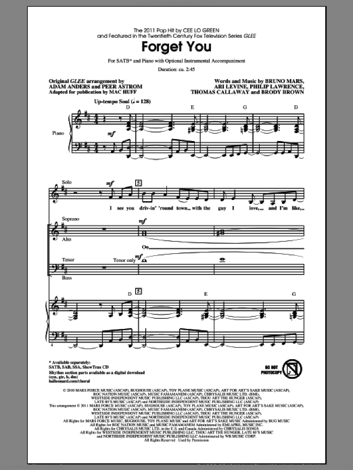 Forget You sheet music for choir (SATB: soprano, alto, tenor, bass) by Bruno Mars, Ari Levine, Brody Brown, Philip Lawrence, Thomas Callaway, Adam Anders, Cee Lo Green, Glee Cast, Mac Huff and Peer Astrom, intermediate skill level