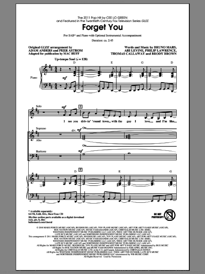 Forget You sheet music for choir (SAB: soprano, alto, bass) by Bruno Mars, Ari Levine, Brody Brown, Philip Lawrence, Thomas Callaway, Adam Anders, Cee Lo Green, Glee Cast, Mac Huff and Peer Astrom, intermediate skill level