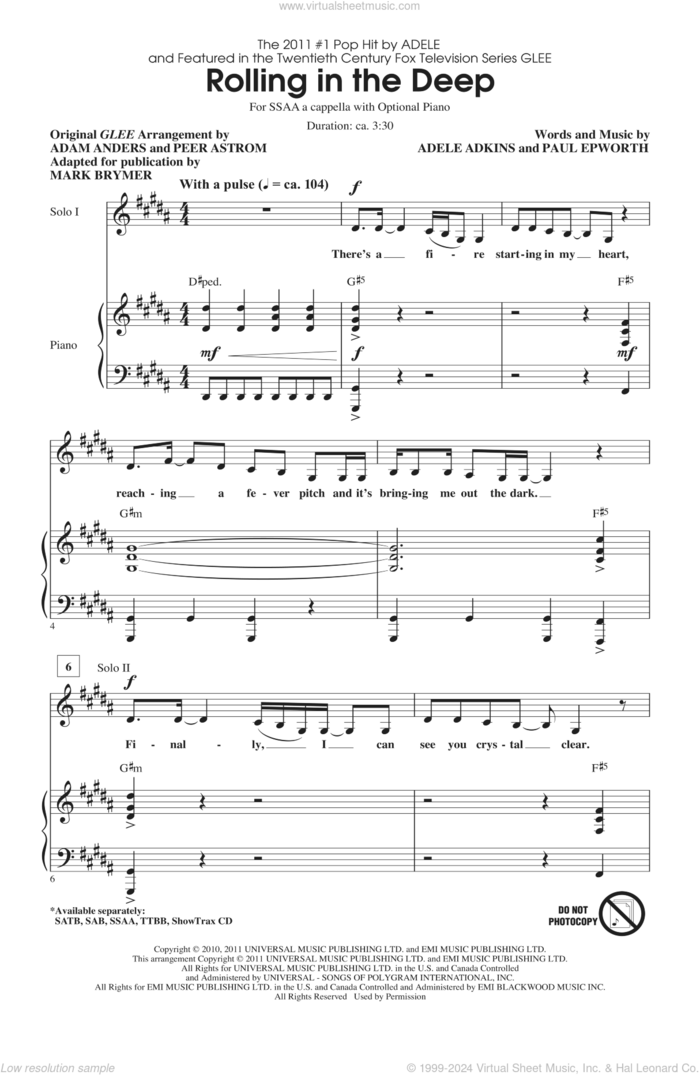 Rolling In The Deep sheet music for choir (SSA: soprano, alto) by Paul Epworth, Adele Adkins, Adam Anders, Adele, Glee Cast, Mark Brymer and Tim Davis, intermediate skill level