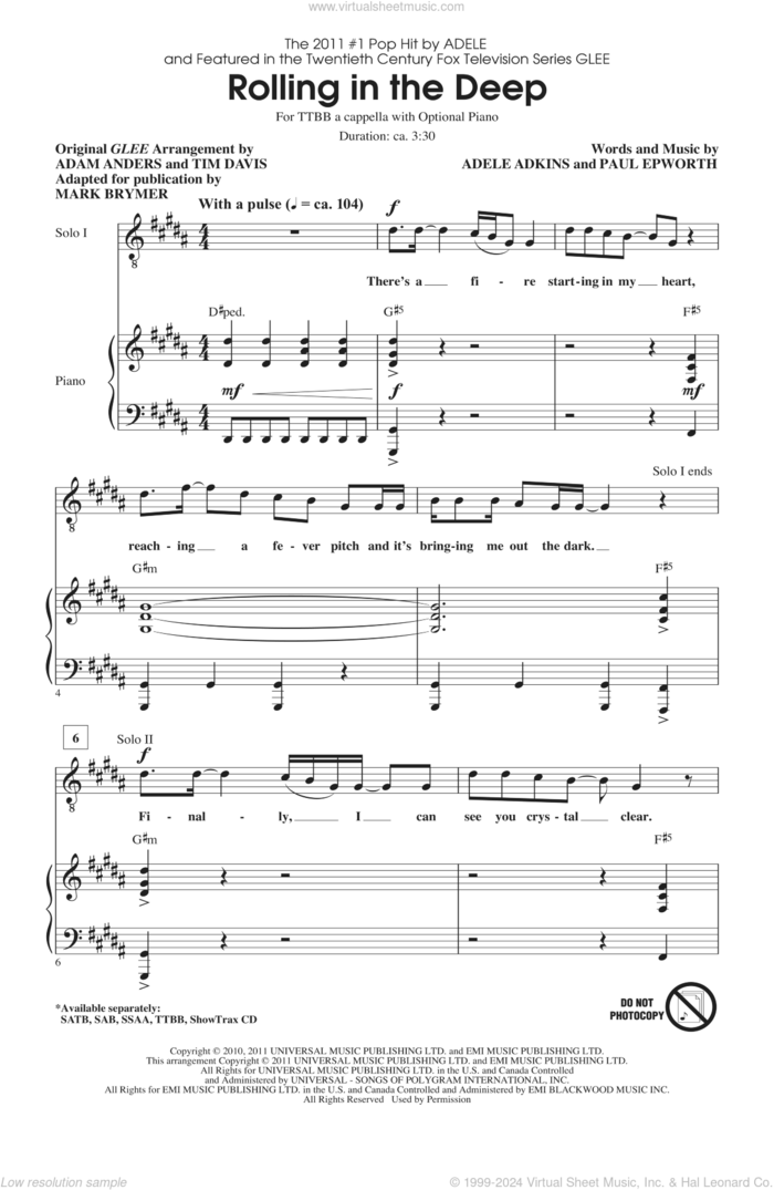 Rolling In The Deep sheet music for choir (TTBB: tenor, bass) by Paul Epworth, Adele Adkins, Adam Anders, Adele, Glee Cast, Mark Brymer and Tim Davis, intermediate skill level