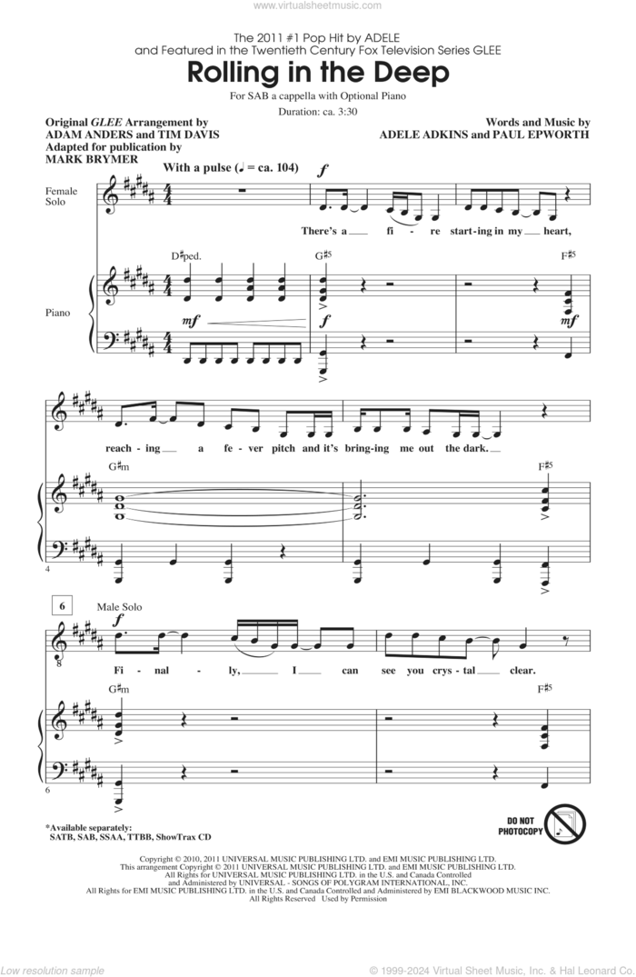 Rolling In The Deep sheet music for choir (SAB: soprano, alto, bass) by Paul Epworth, Adele Adkins, Adam Anders, Adele, Glee Cast, Mark Brymer and Tim Davis, intermediate skill level