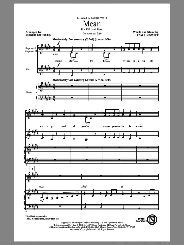 Mean (arr. Roger Emerson) sheet music for choir (SSA: soprano, alto) by Taylor Swift and Roger Emerson, intermediate skill level