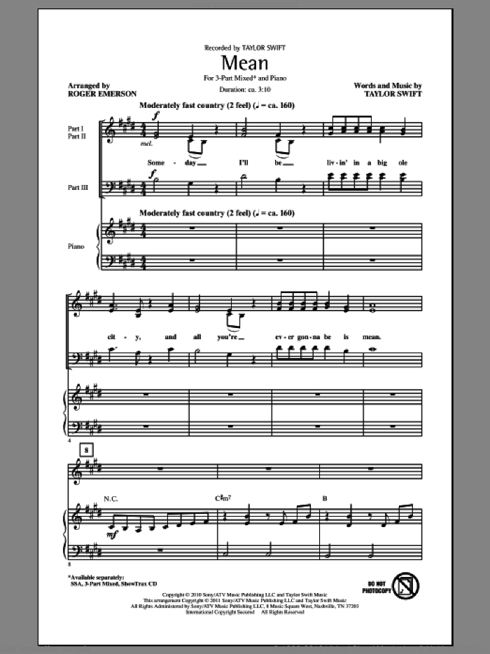Mean (arr. Roger Emerson) sheet music for choir (3-Part Mixed) by Taylor Swift and Roger Emerson, intermediate skill level
