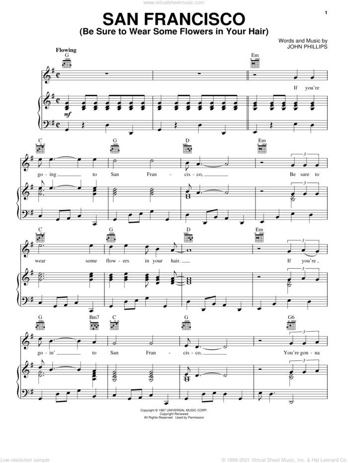 San Francisco (Be Sure To Wear Some Flowers In Your Hair) sheet music for voice, piano or guitar by Scott McKenzie and John Phillips, intermediate skill level