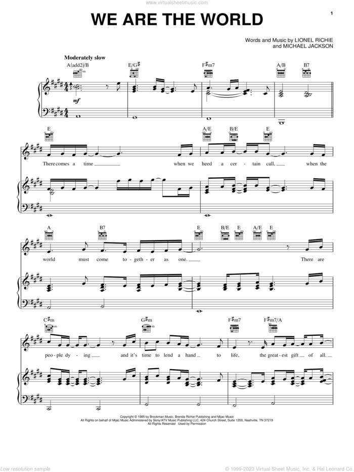 We Are The World sheet music for voice, piano or guitar by USA For Africa, Quincy Jones, Lionel Richie and Michael Jackson, intermediate skill level